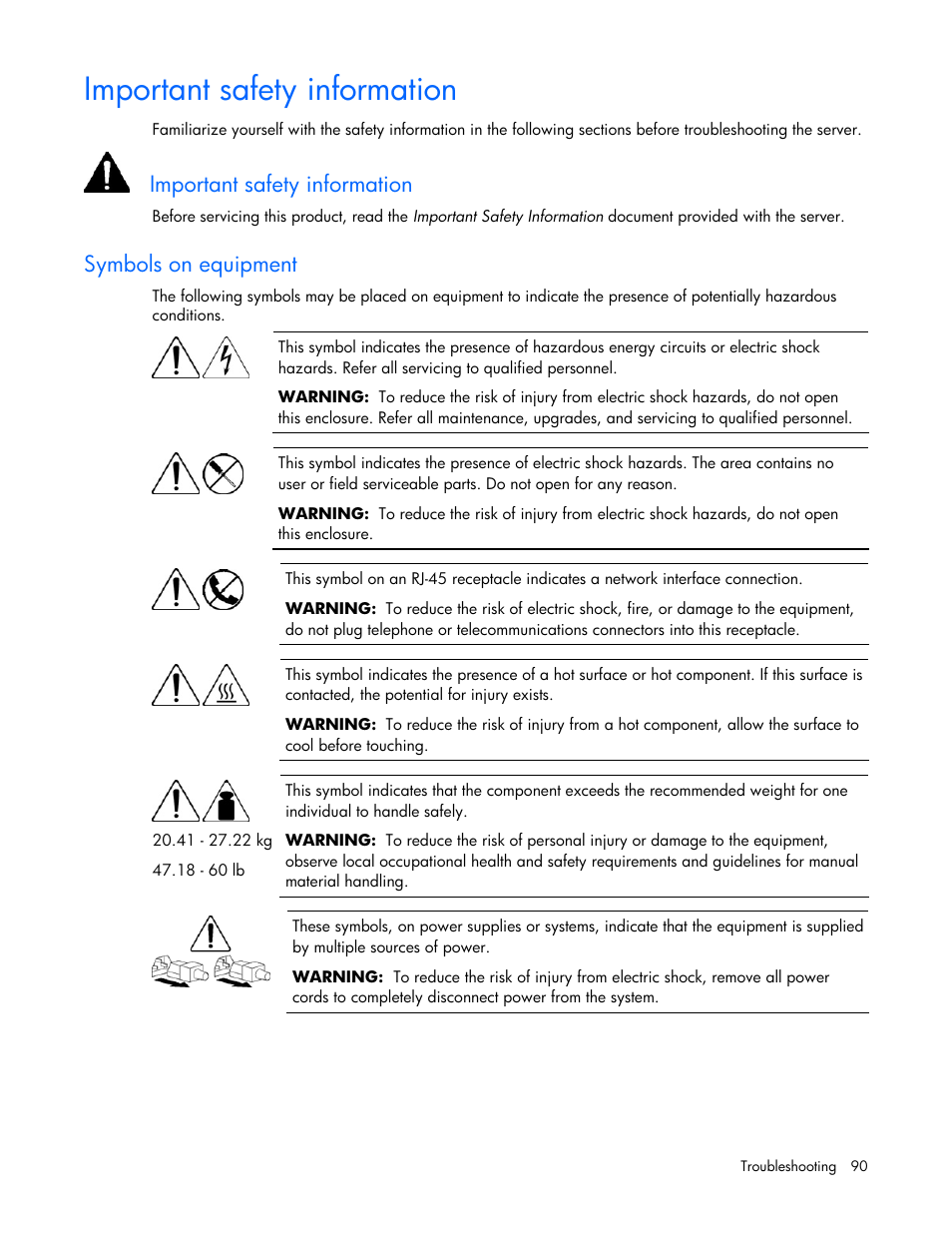 Important safety information, Symbols on equipment | HP ProLiant DL380 G4 Server User Manual | Page 90 / 122