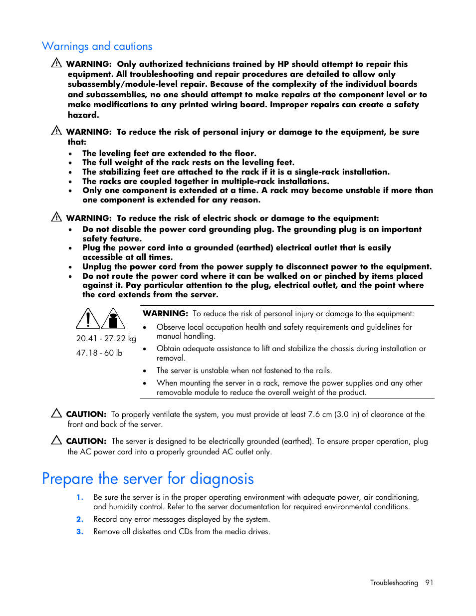 Warnings and cautions, Prepare the server for diagnosis | HP ProLiant DL380 G4 Server User Manual | Page 91 / 122