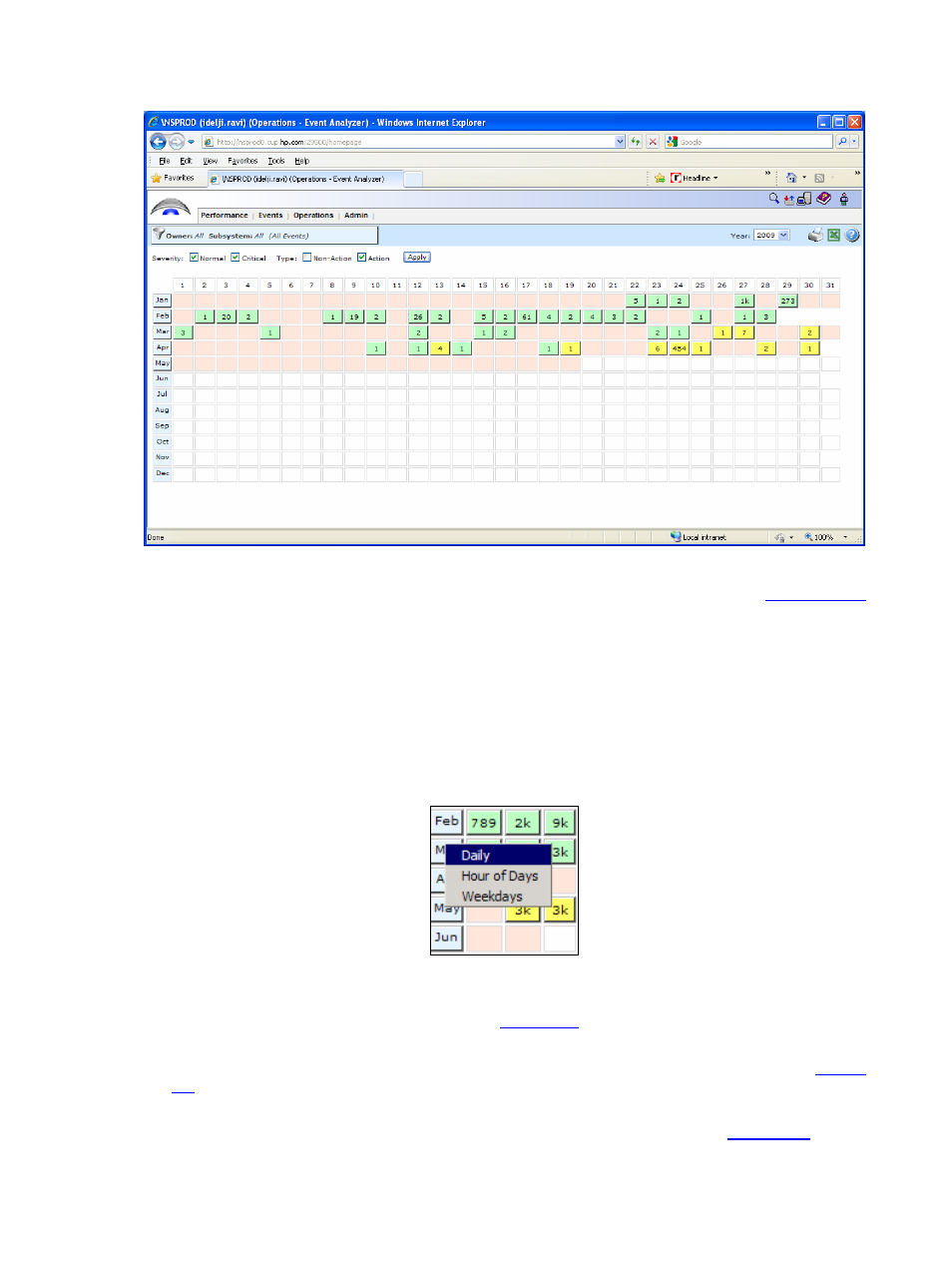 3-2-3 drilldown, Figure 33 year grid – action events only, Figure 34 month drilldown options | HP Integrity NonStop H-Series User Manual | Page 50 / 96