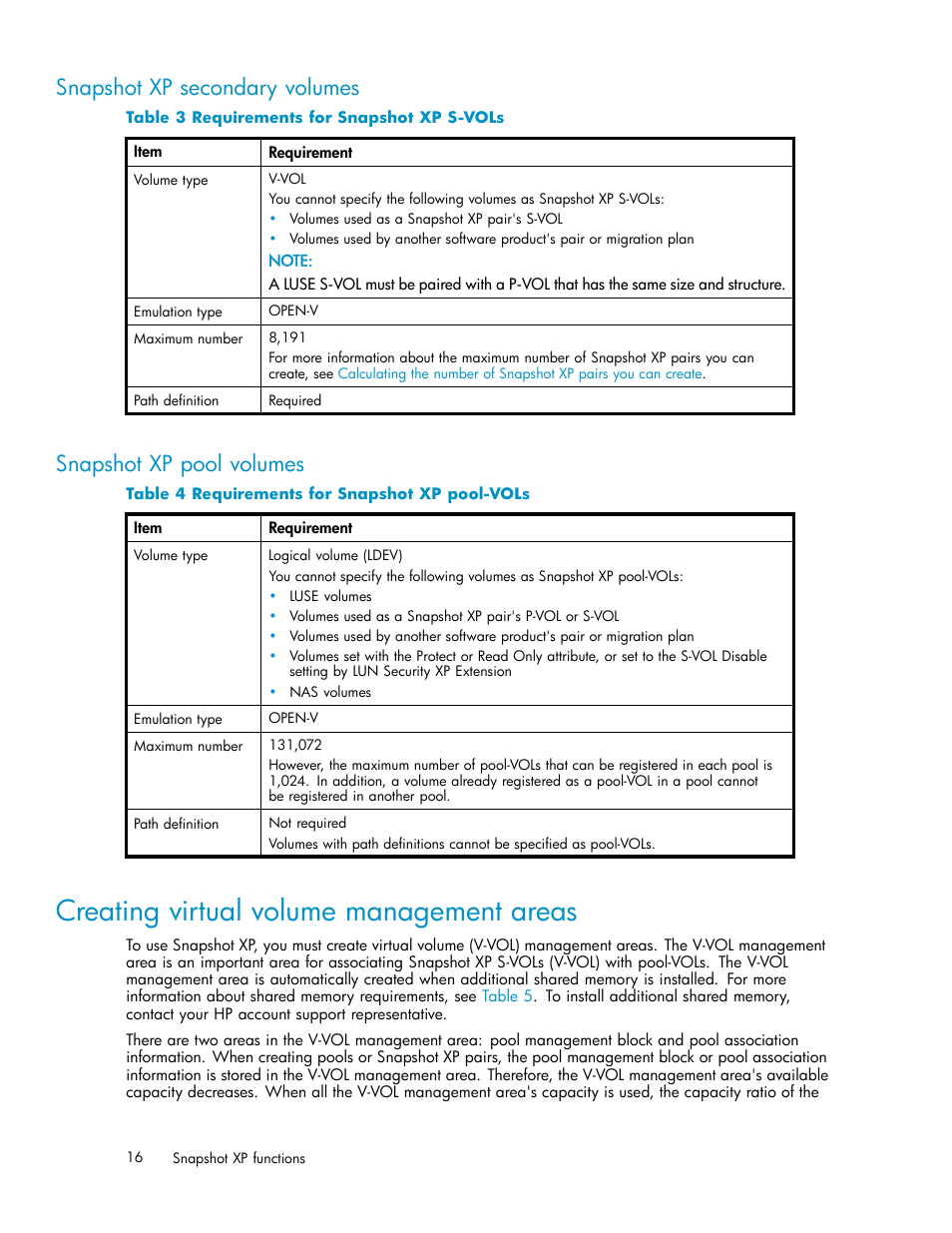 Snapshot xp secondary volumes, Snapshot xp pool volumes, Creating virtual volume management areas | Requirements for snapshot xp s-vols, Requirements for snapshot xp pool-vols | HP StorageWorks XP Remote Web Console Software User Manual | Page 16 / 79