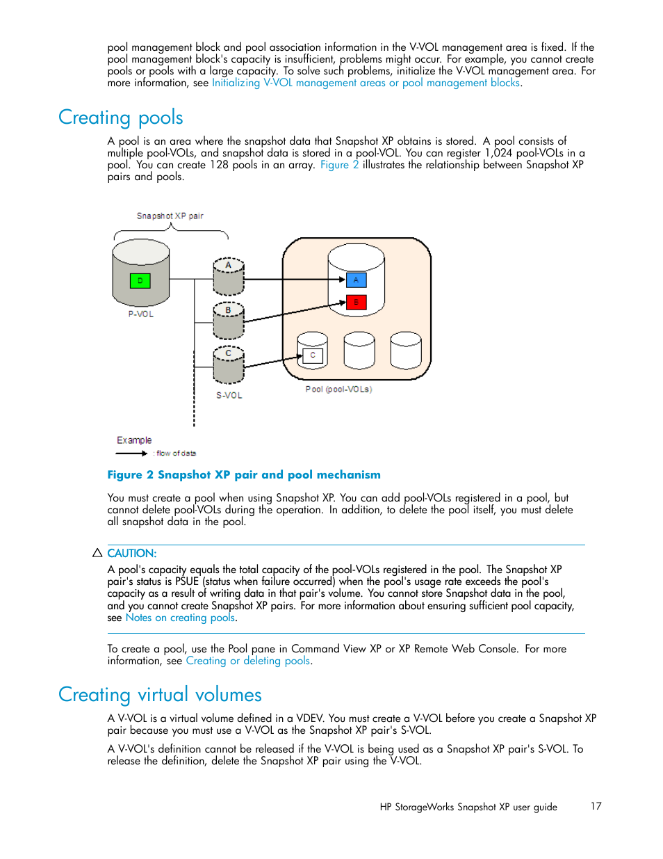 Creating pools, Creating virtual volumes, Snapshot xp pair and pool mechanism | HP StorageWorks XP Remote Web Console Software User Manual | Page 17 / 79