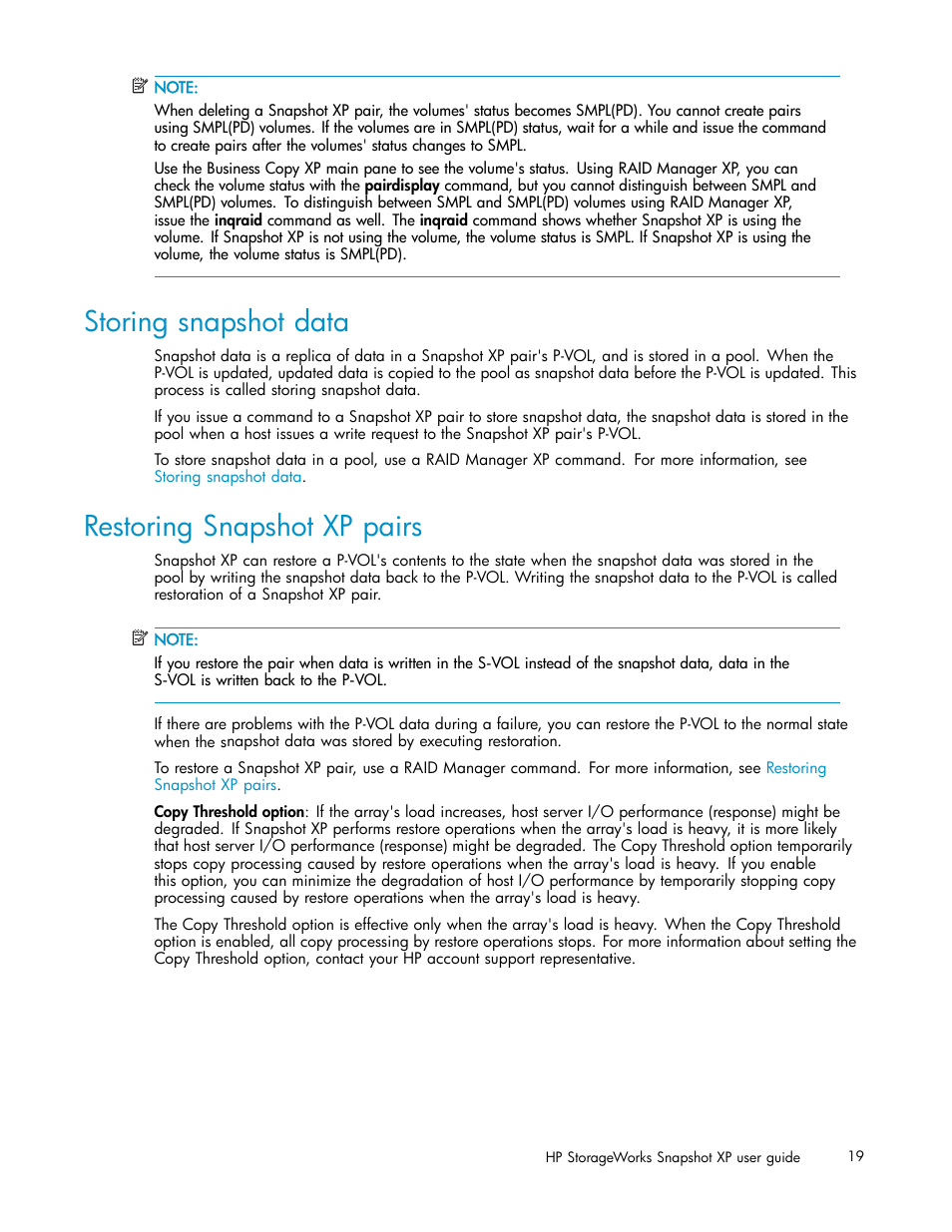 Storing snapshot data, Restoring snapshot xp pairs | HP StorageWorks XP Remote Web Console Software User Manual | Page 19 / 79