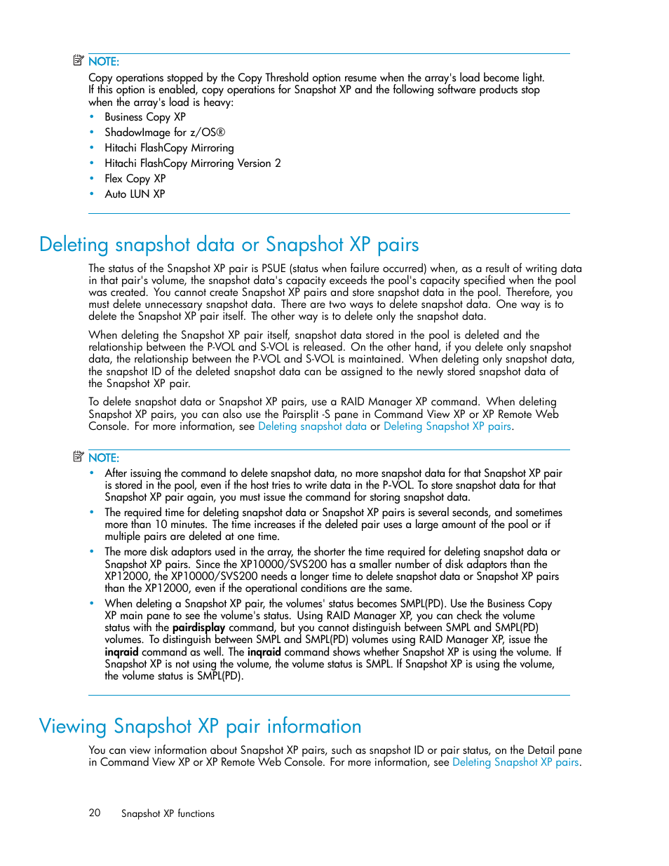 Deleting snapshot data or snapshot xp pairs, Viewing snapshot xp pair information | HP StorageWorks XP Remote Web Console Software User Manual | Page 20 / 79