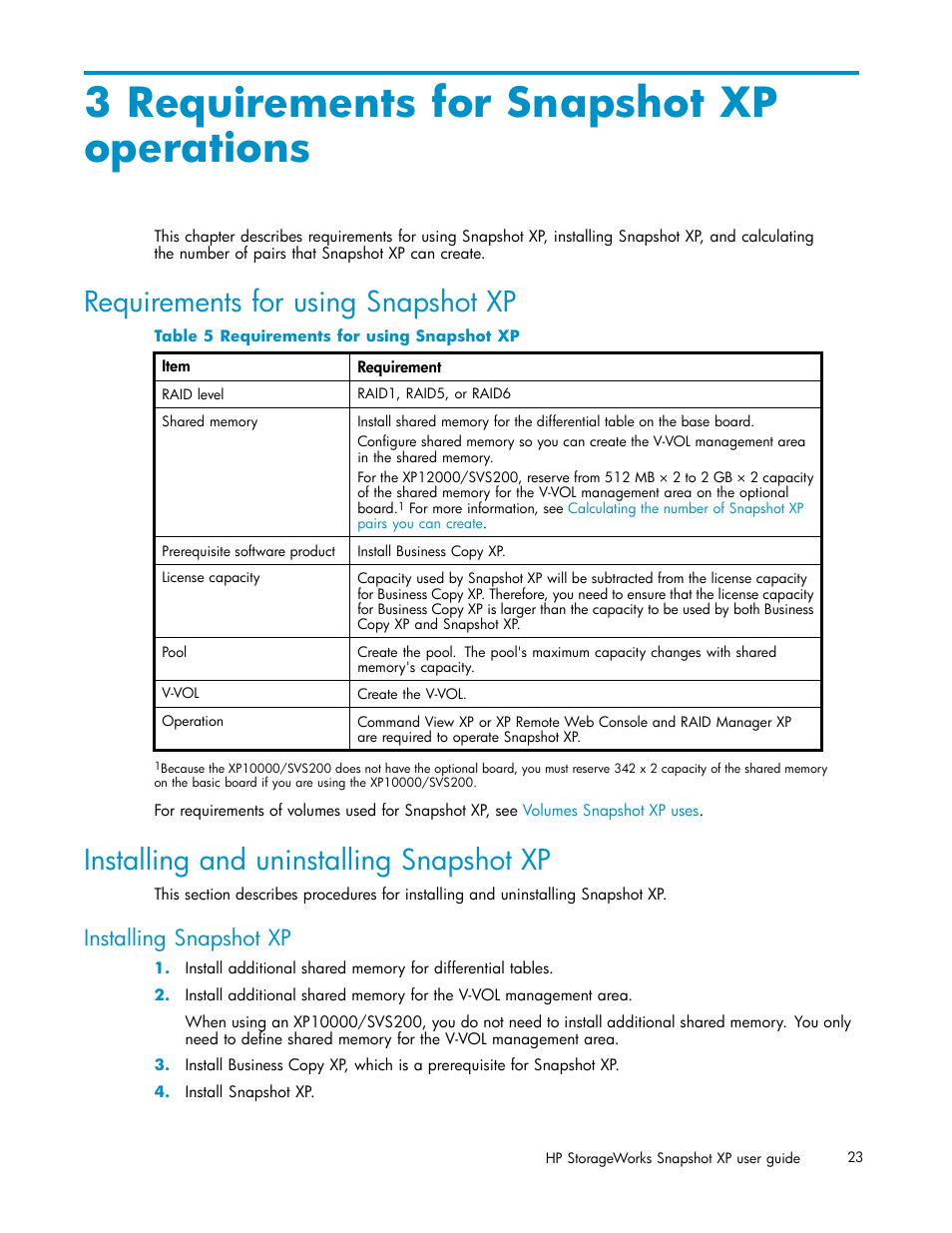 3 requirements for snapshot xp operations, Requirements for using snapshot xp, Installing and uninstalling snapshot xp | Installing snapshot xp | HP StorageWorks XP Remote Web Console Software User Manual | Page 23 / 79