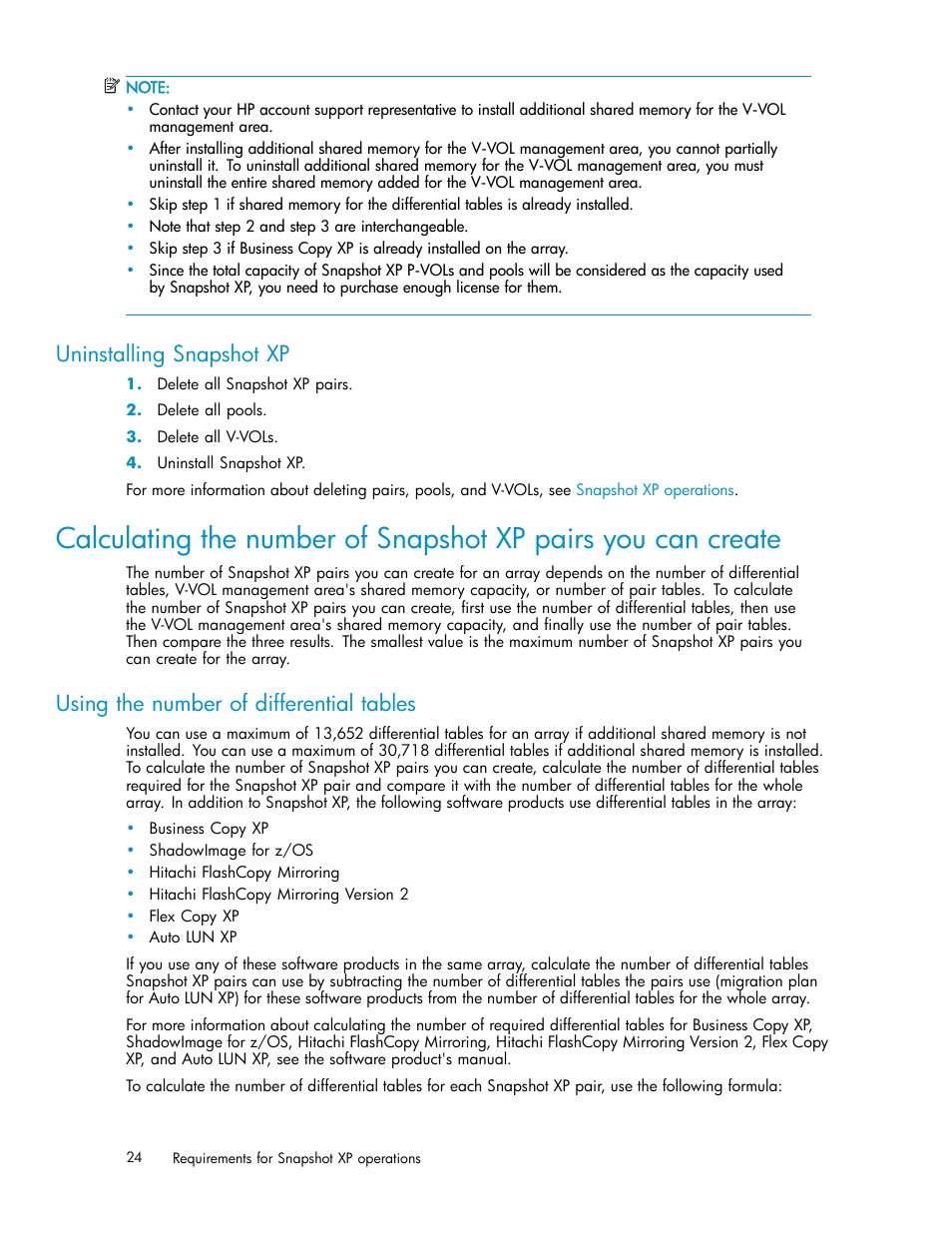 Uninstalling snapshot xp, Using the number of differential tables, Calculating the number of snapshot xp | Pairs you can create | HP StorageWorks XP Remote Web Console Software User Manual | Page 24 / 79