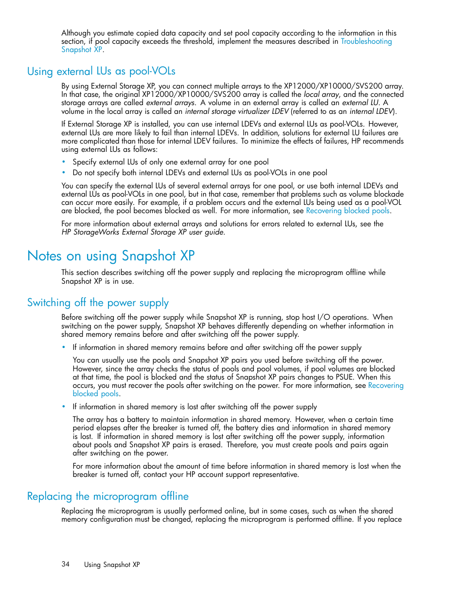 Using external lus as pool-vols, Notes on using snapshot xp, Switching off the power supply | Replacing the microprogram offline | HP StorageWorks XP Remote Web Console Software User Manual | Page 34 / 79