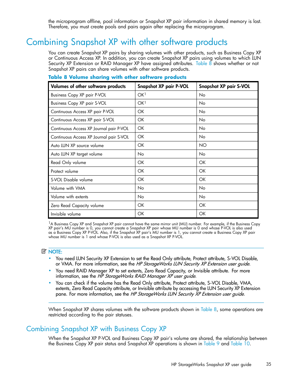 Combining snapshot xp with other software products, Combining snapshot xp with business copy xp, Volume sharing with other software products | HP StorageWorks XP Remote Web Console Software User Manual | Page 35 / 79