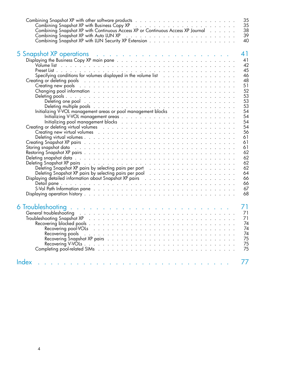 5 snapshot xp operations, 6 troubleshooting, Index | HP StorageWorks XP Remote Web Console Software User Manual | Page 4 / 79