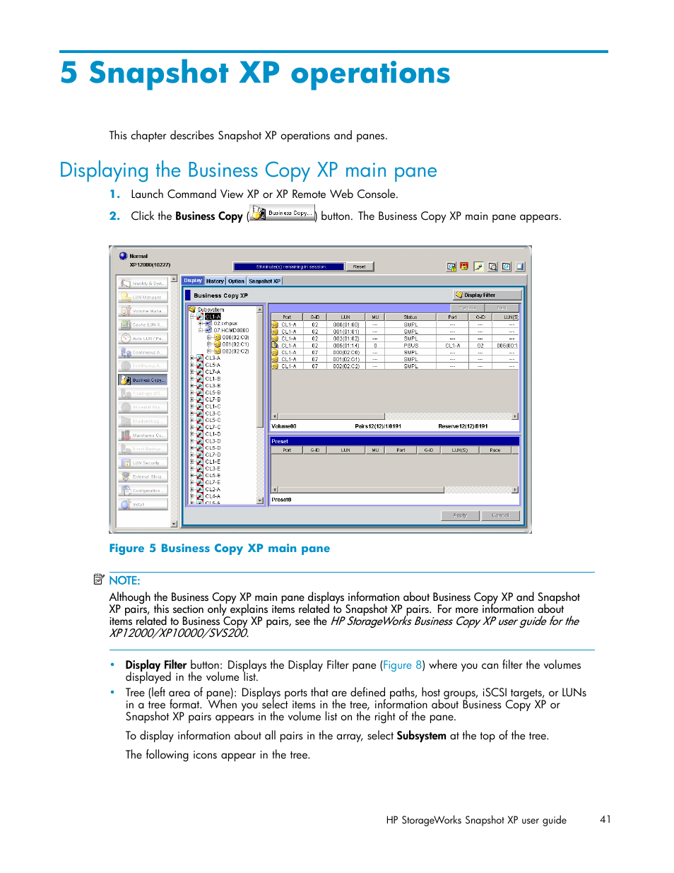 5 snapshot xp operations, Displaying the business copy xp main pane, Business copy xp main pane | HP StorageWorks XP Remote Web Console Software User Manual | Page 41 / 79