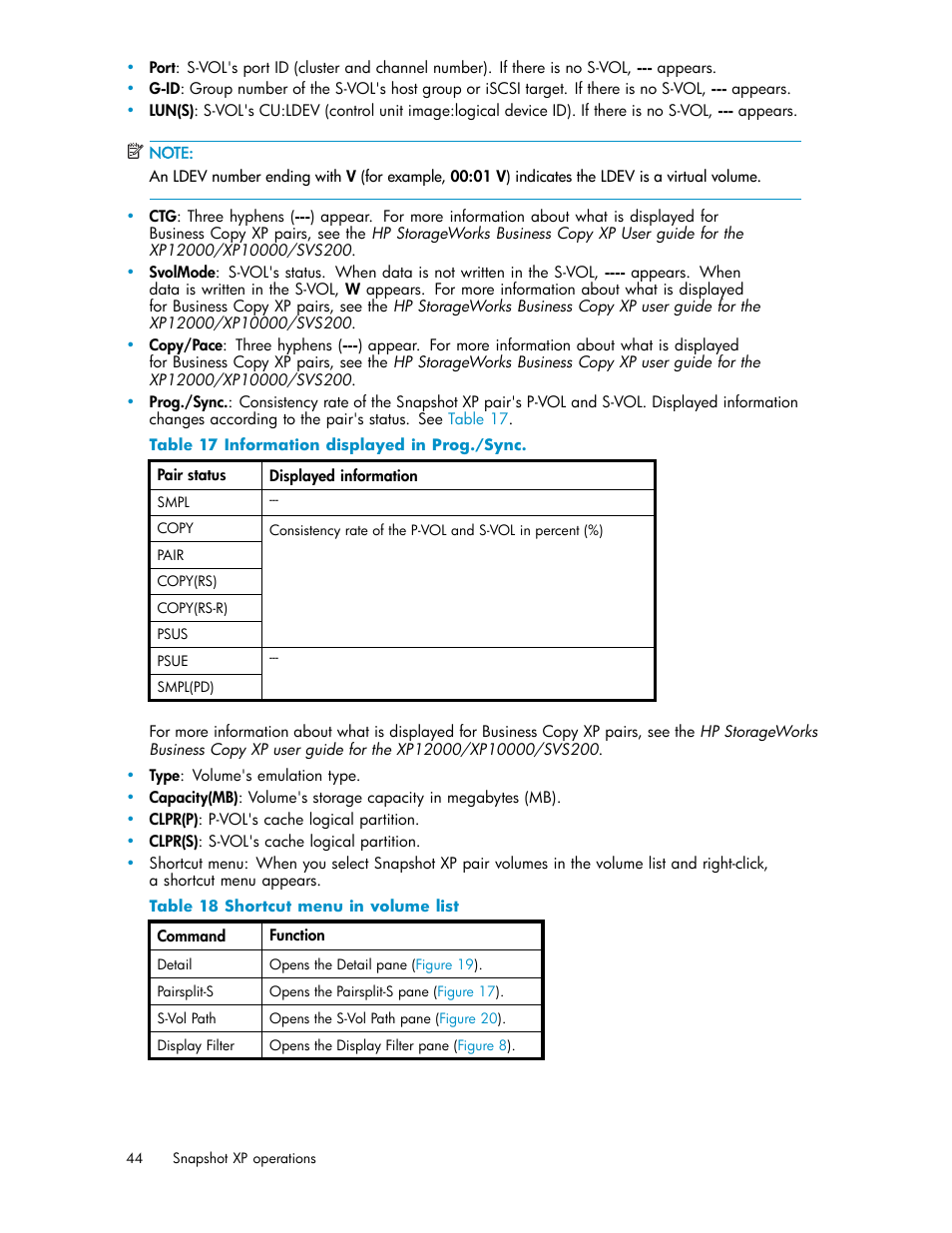 Information displayed in prog./sync, Shortcut menu in volume list | HP StorageWorks XP Remote Web Console Software User Manual | Page 44 / 79