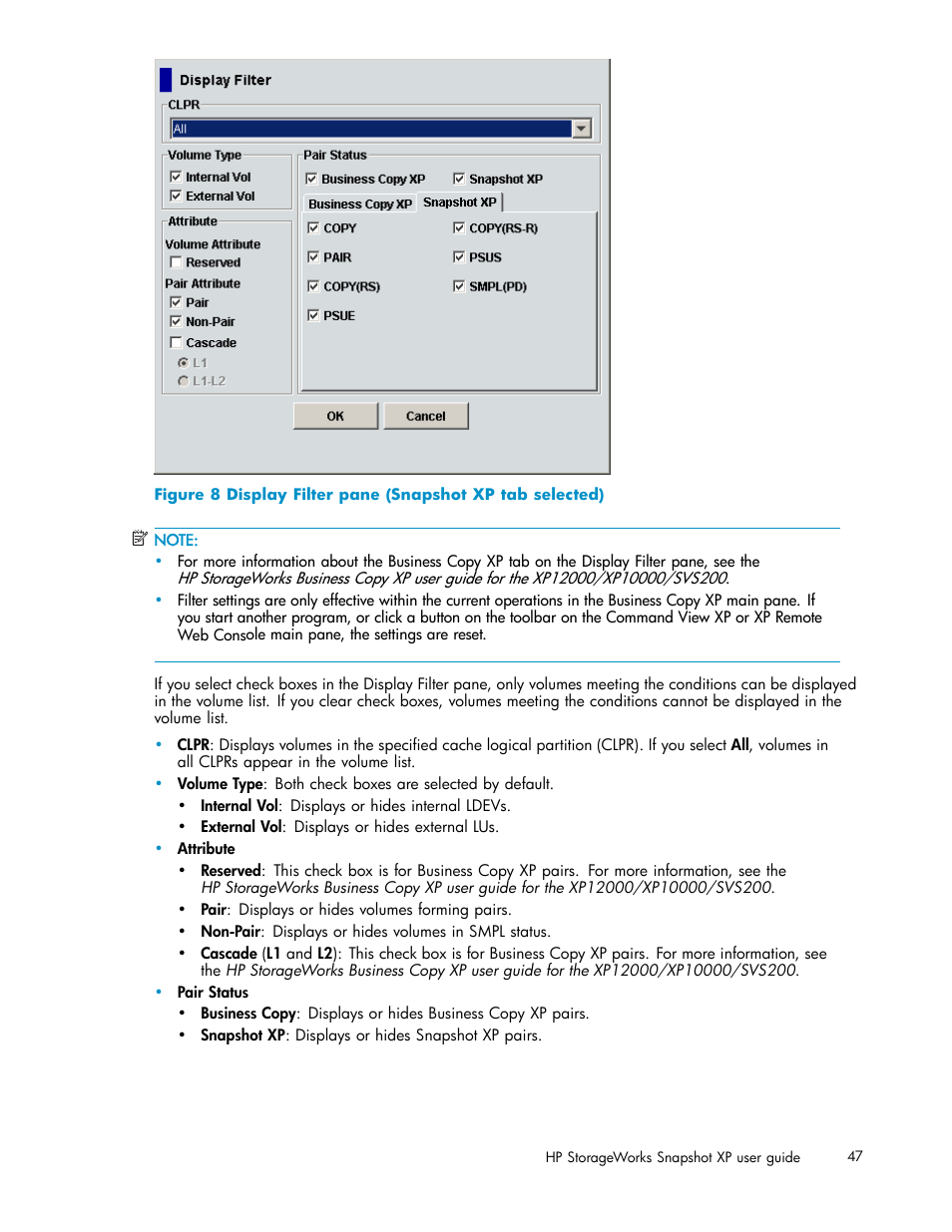 Display filter pane (snapshot xp tab selected), Figure 8 | HP StorageWorks XP Remote Web Console Software User Manual | Page 47 / 79