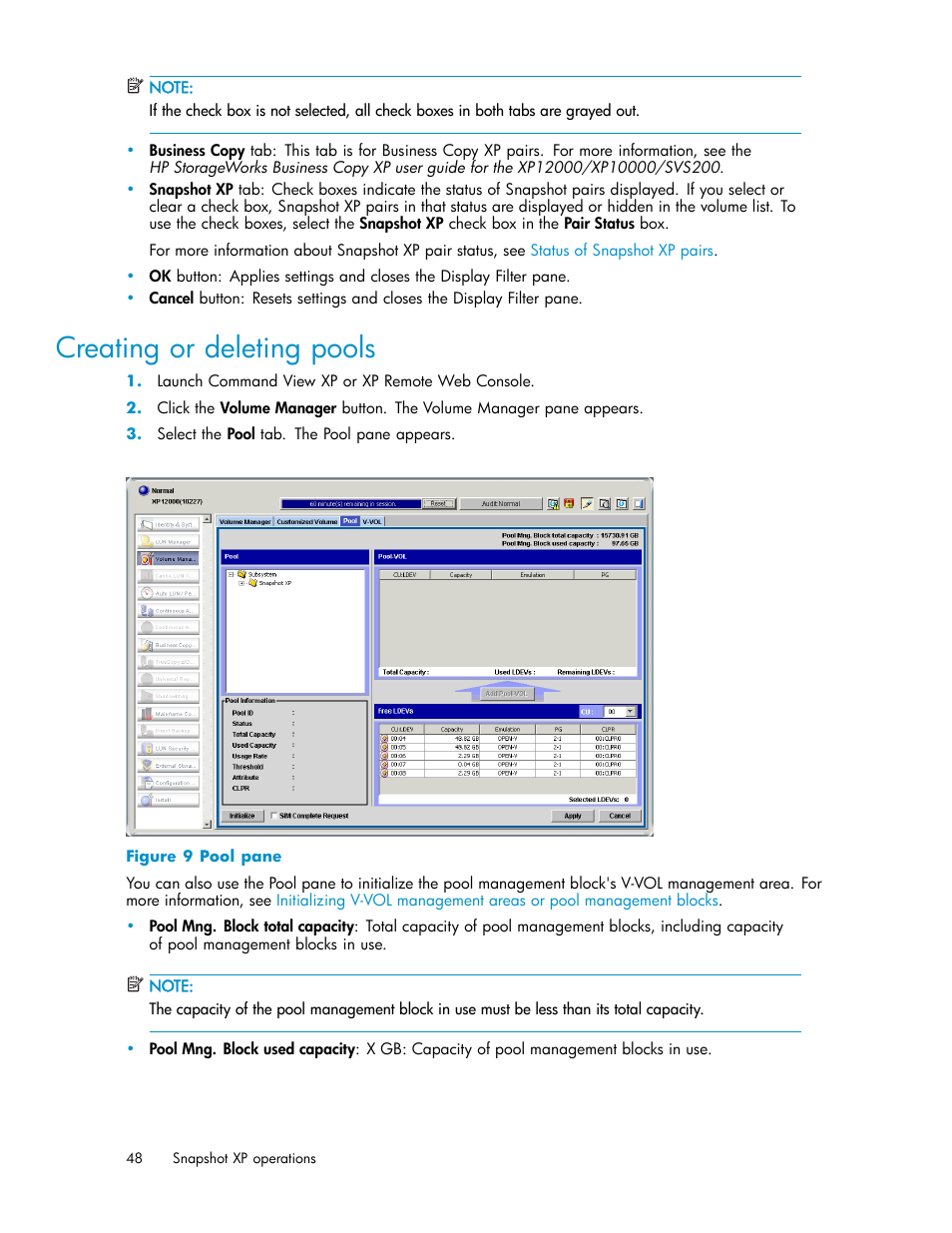 Creating or deleting pools, Pool pane | HP StorageWorks XP Remote Web Console Software User Manual | Page 48 / 79