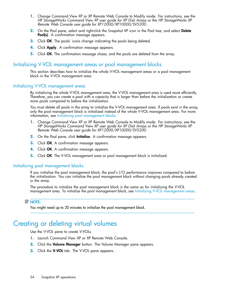 Initializing v-vol management areas, Initializing pool management blocks, Creating or deleting virtual volumes | Blocks | HP StorageWorks XP Remote Web Console Software User Manual | Page 54 / 79