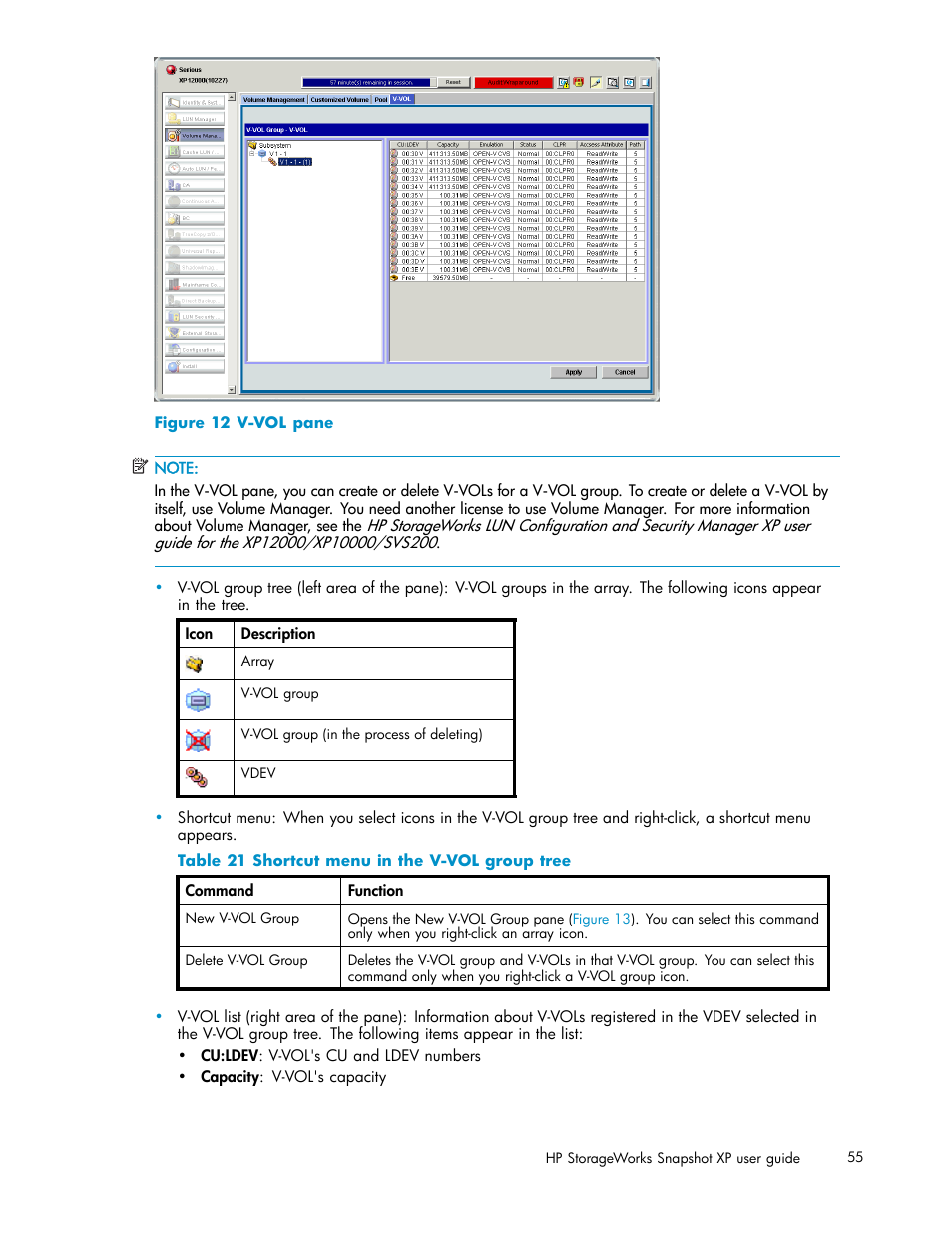 V-vol pane, Shortcut menu in the v-vol group tree | HP StorageWorks XP Remote Web Console Software User Manual | Page 55 / 79