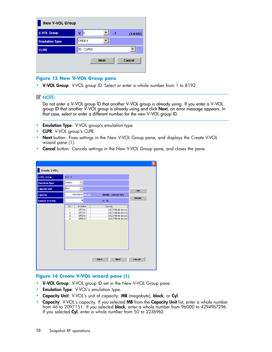 New v-vol group pane, Create v-vol wizard pane (1), Figure 13 | Figure 14 | HP StorageWorks XP Remote Web Console Software User Manual | Page 58 / 79