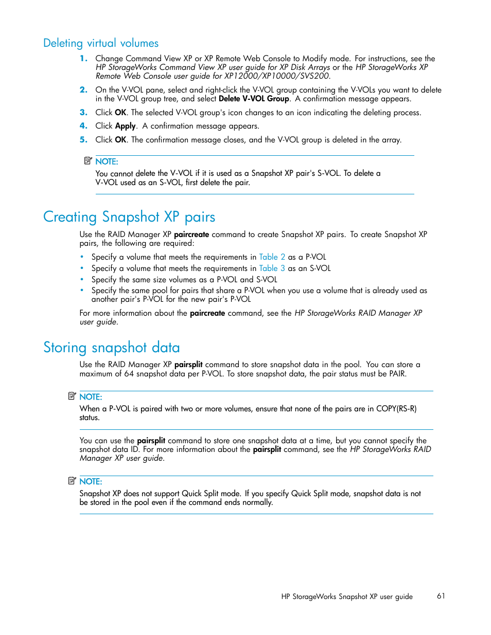 Deleting virtual volumes, Creating snapshot xp pairs, Storing snapshot data | HP StorageWorks XP Remote Web Console Software User Manual | Page 61 / 79