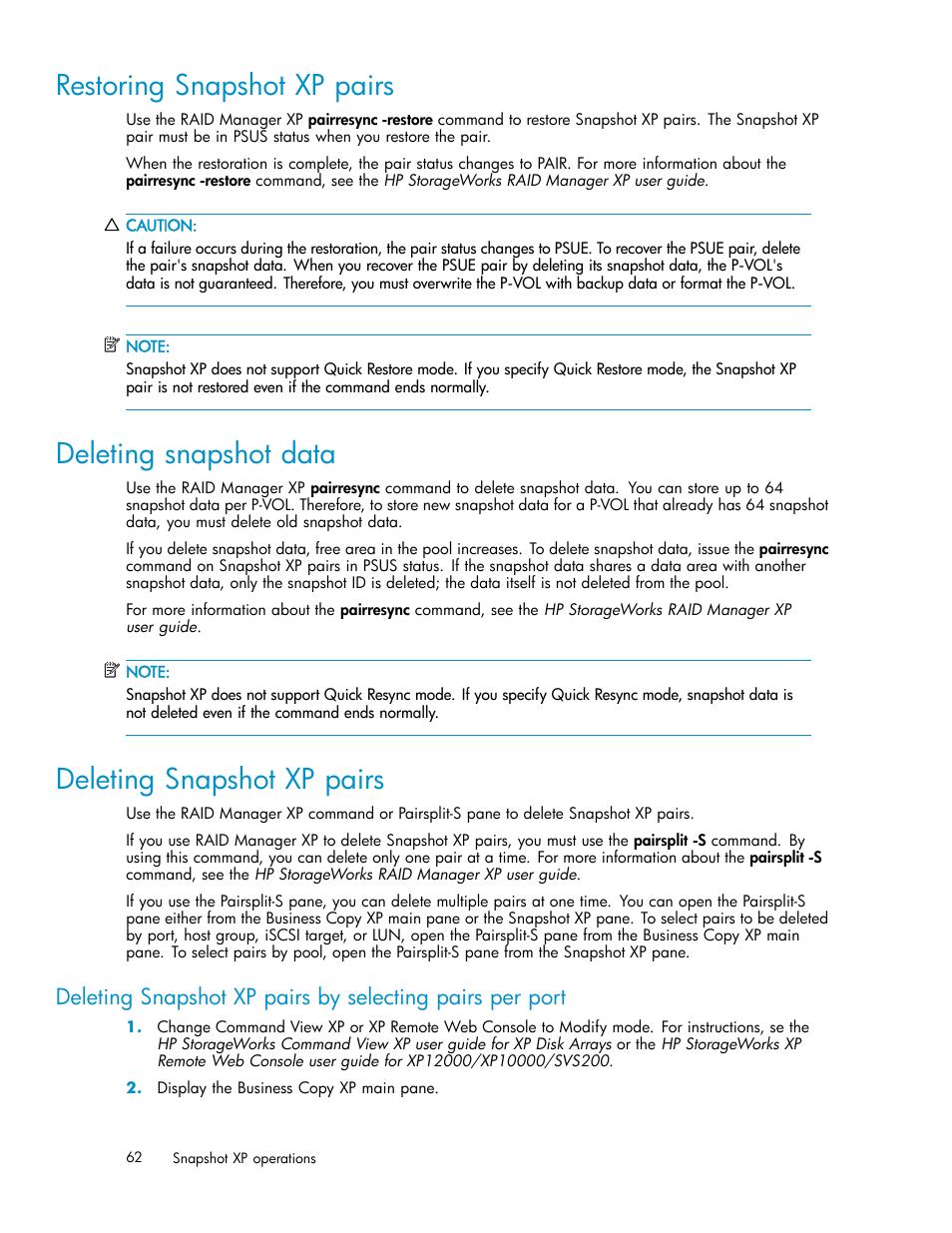 Restoring snapshot xp pairs, Deleting snapshot data, Deleting snapshot xp pairs | Restoring, Snapshot xp pairs | HP StorageWorks XP Remote Web Console Software User Manual | Page 62 / 79