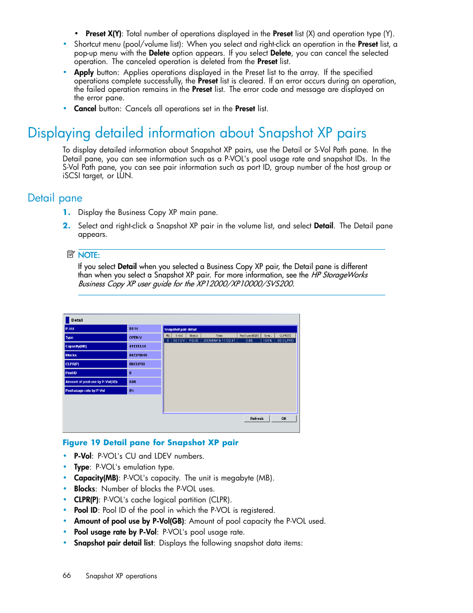 Detail pane, Detail pane for snapshot xp pair, Figure 19 | HP StorageWorks XP Remote Web Console Software User Manual | Page 66 / 79