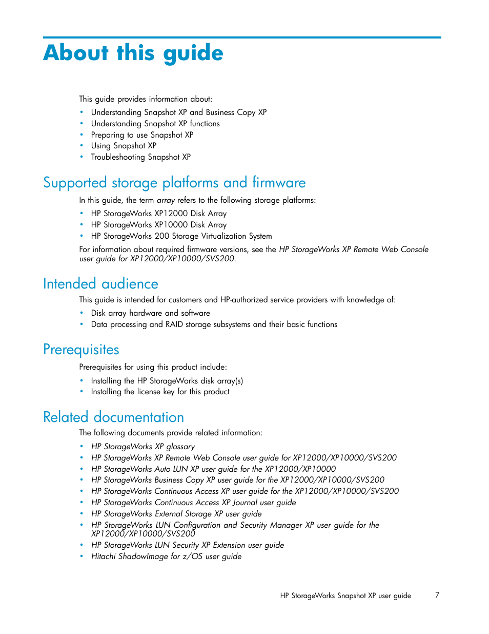 About this guide, Supported storage platforms and firmware, Intended audience | Prerequisites, Related documentation | HP StorageWorks XP Remote Web Console Software User Manual | Page 7 / 79