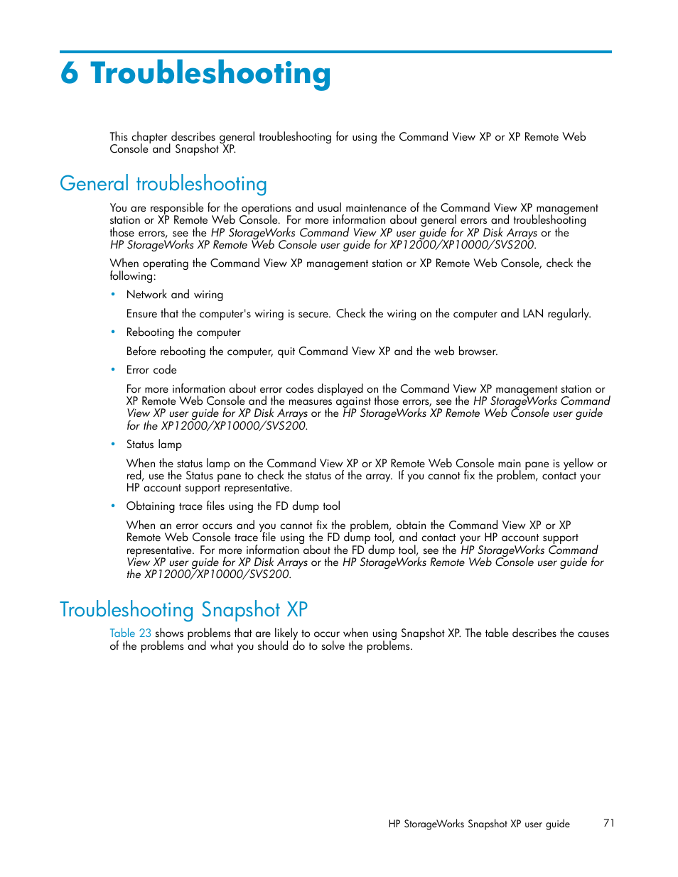 6 troubleshooting, General troubleshooting, Troubleshooting snapshot xp | Troubleshooting, Snapshot xp | HP StorageWorks XP Remote Web Console Software User Manual | Page 71 / 79