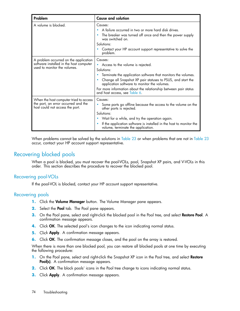 Recovering blocked pools, Recovering pool-vols, Recovering pools | Recovering, Blocked pools | HP StorageWorks XP Remote Web Console Software User Manual | Page 74 / 79