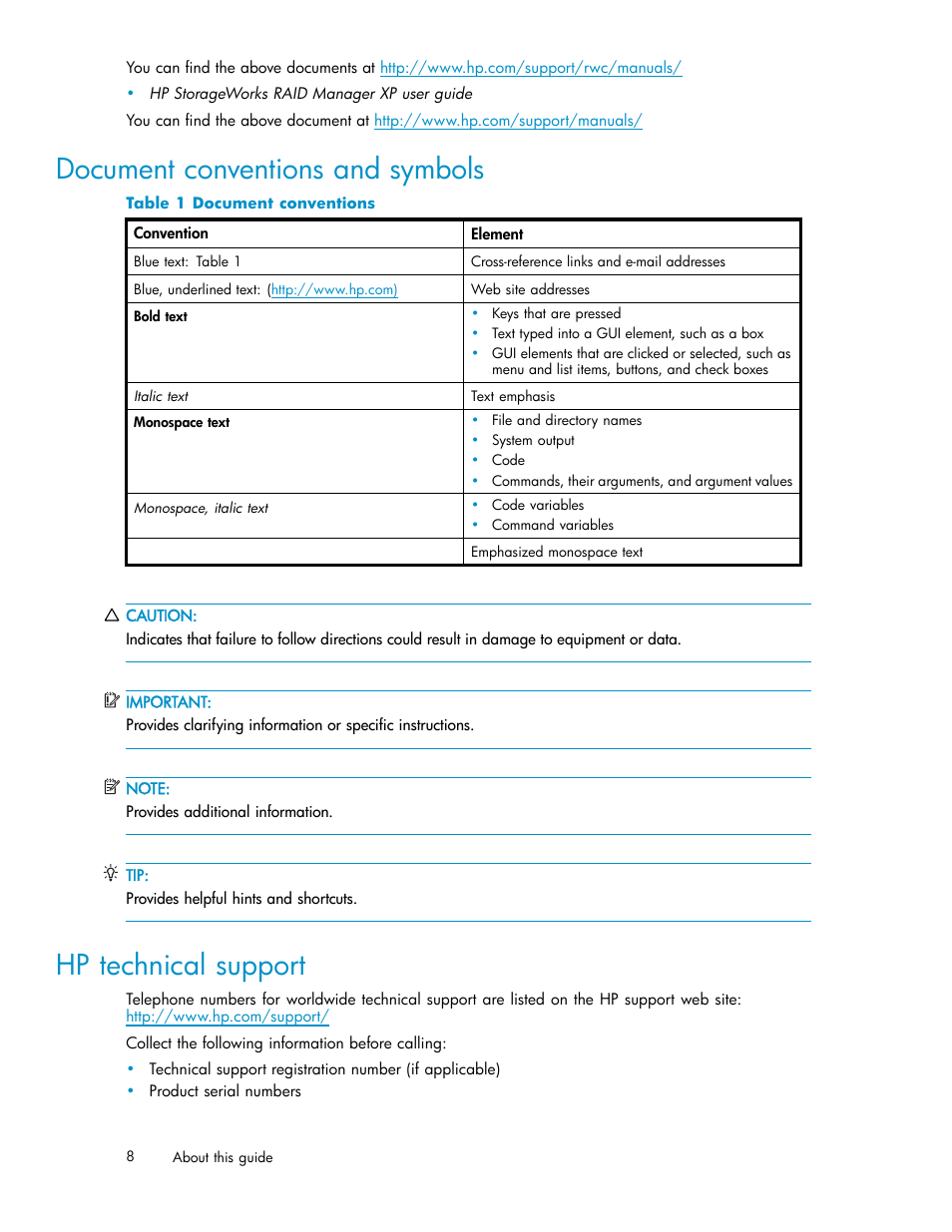 Document conventions and symbols, Hp technical support, Document conventions | HP StorageWorks XP Remote Web Console Software User Manual | Page 8 / 79