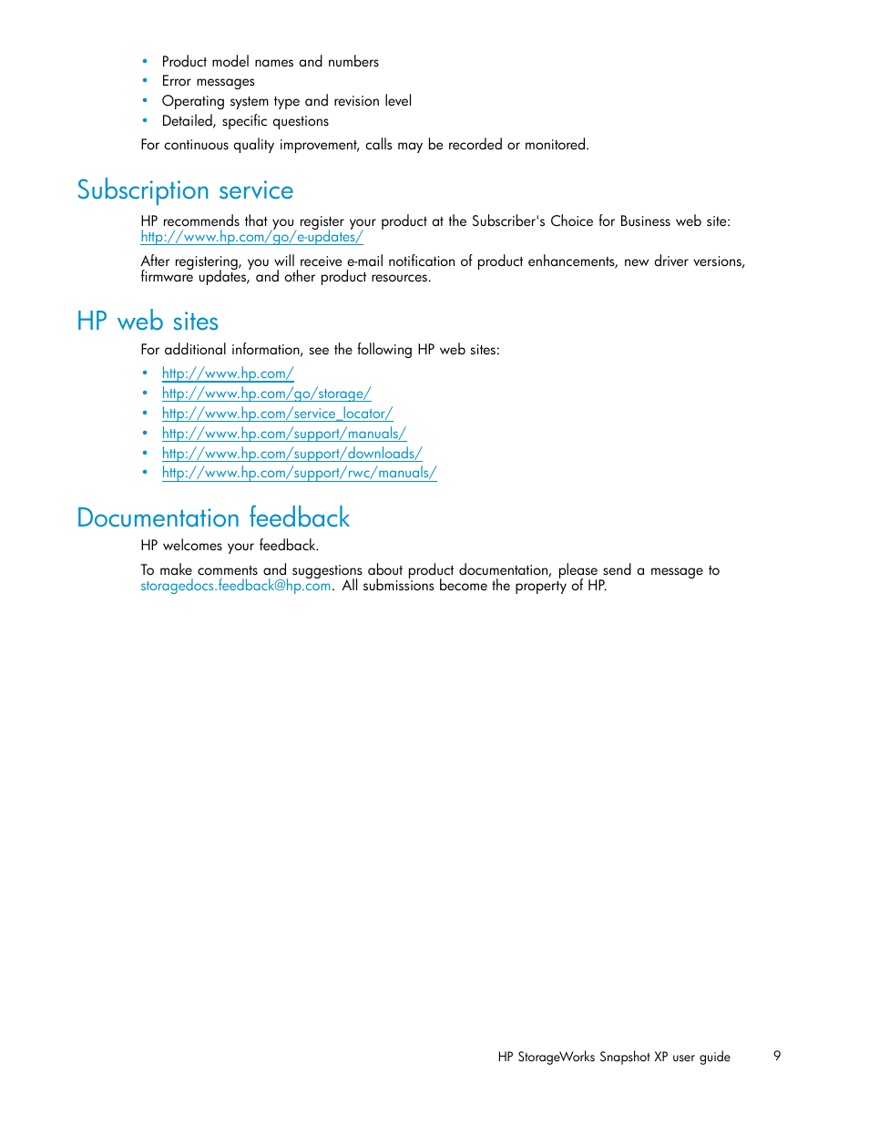 Subscription service, Hp web sites, Documentation feedback | HP StorageWorks XP Remote Web Console Software User Manual | Page 9 / 79