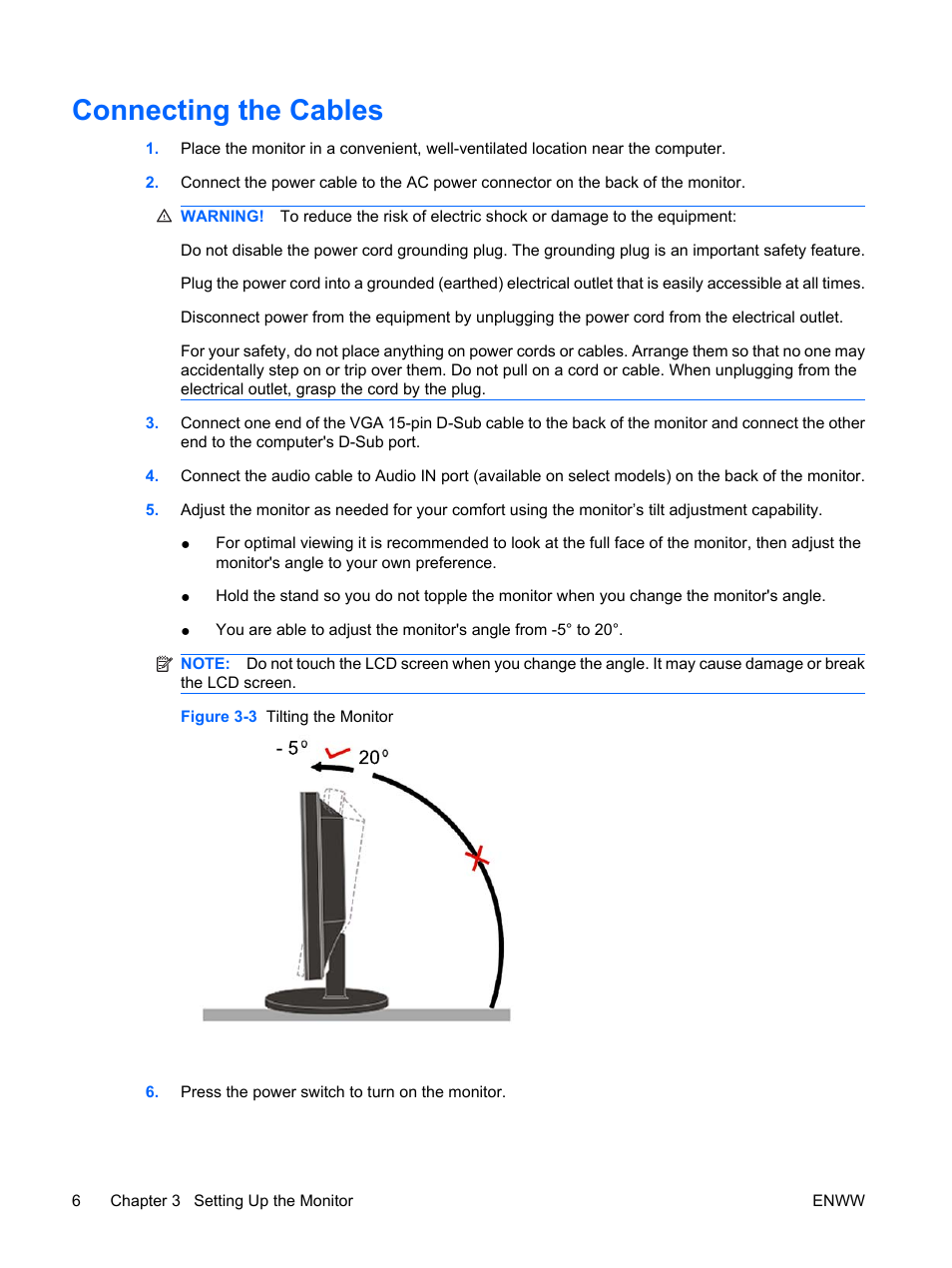 Connecting the cables | HP LV1561ws 15.6-inch Widescreen LCD Monitor User Manual | Page 12 / 33