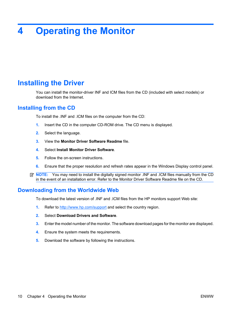 Operating the monitor, Installing the driver, Installing from the cd | Downloading from the worldwide web, 4 operating the monitor, 4operating the monitor | HP LV1561ws 15.6-inch Widescreen LCD Monitor User Manual | Page 16 / 33