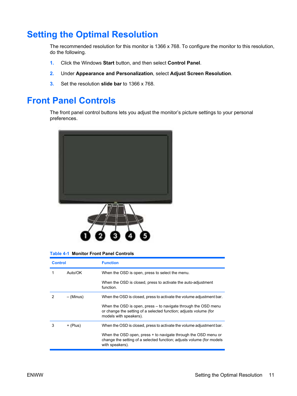 Setting the optimal resolution, Front panel controls | HP LV1561ws 15.6-inch Widescreen LCD Monitor User Manual | Page 17 / 33