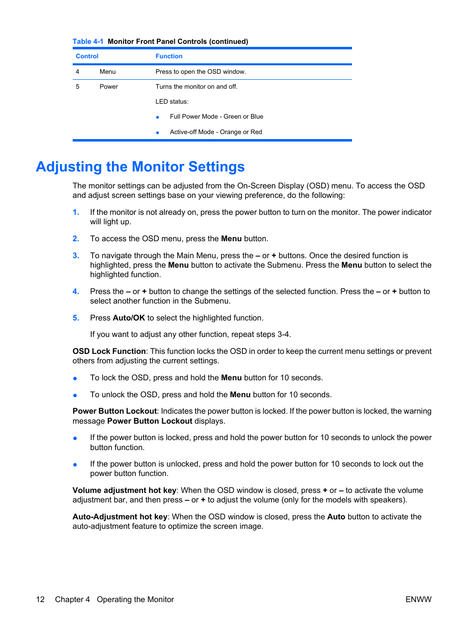 Adjusting the monitor settings | HP LV1561ws 15.6-inch Widescreen LCD Monitor User Manual | Page 18 / 33