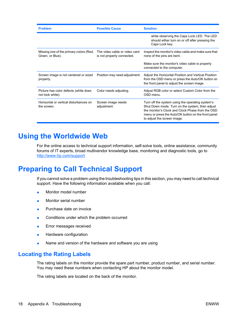 Using the worldwide web, Preparing to call technical support, Locating the rating labels | HP LV1561ws 15.6-inch Widescreen LCD Monitor User Manual | Page 24 / 33