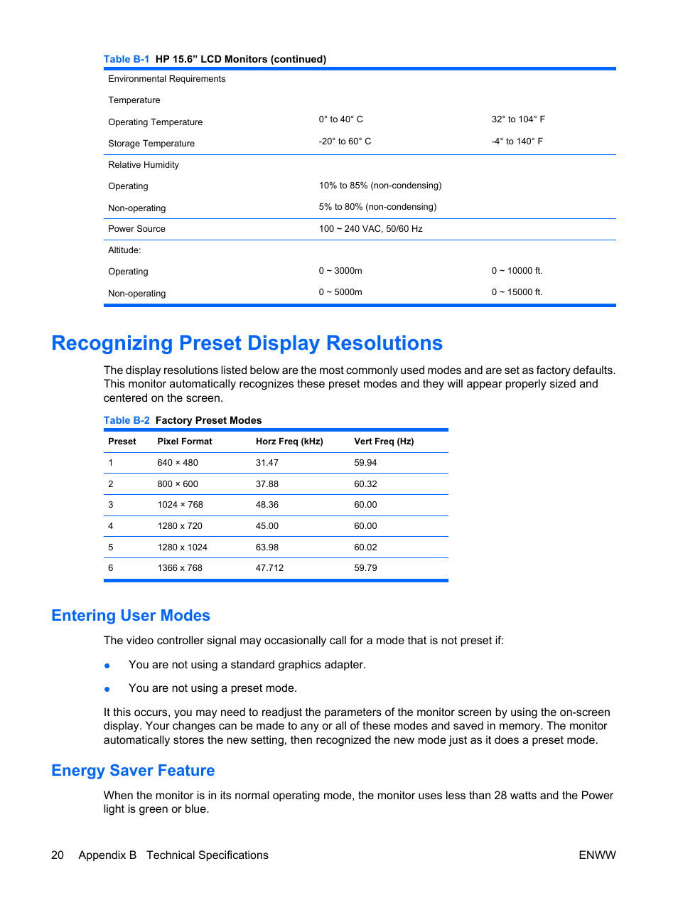 Recognizing preset display resolutions, Entering user modes, Energy saver feature | Entering user modes energy saver feature | HP LV1561ws 15.6-inch Widescreen LCD Monitor User Manual | Page 26 / 33
