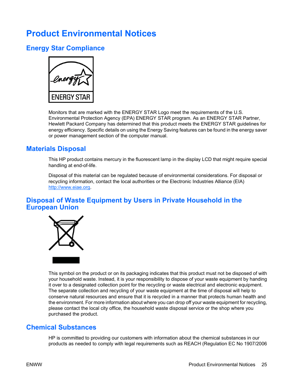 Product environmental notices, Energy star compliance, Materials disposal | Chemical substances | HP LV1561ws 15.6-inch Widescreen LCD Monitor User Manual | Page 31 / 33