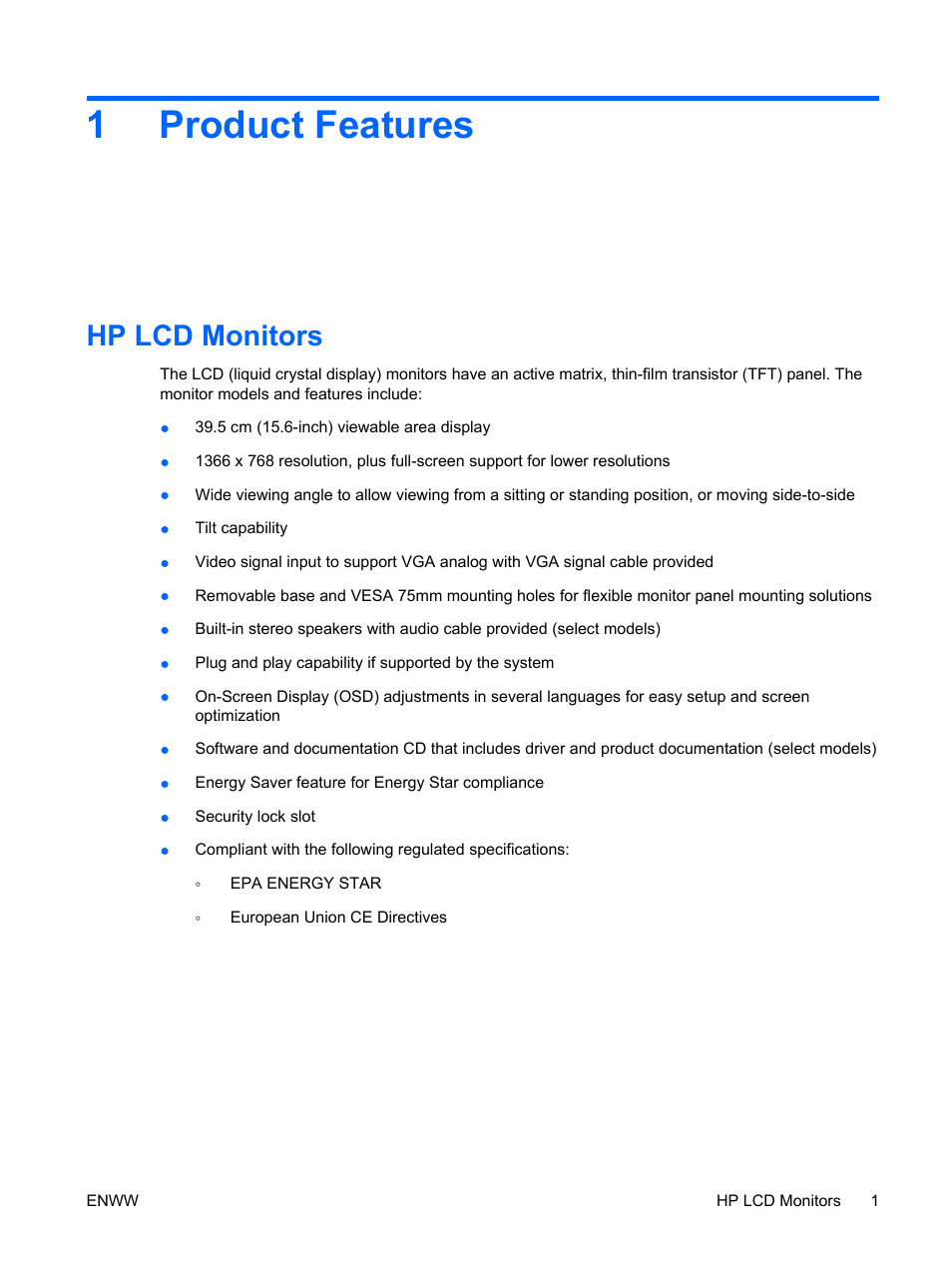 Product features, Hp lcd monitors, 1 product features | 1product features | HP LV1561ws 15.6-inch Widescreen LCD Monitor User Manual | Page 7 / 33