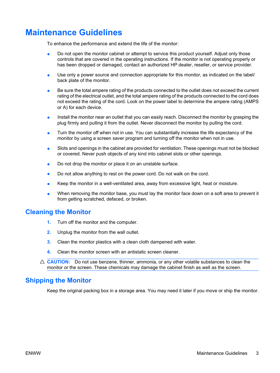 Maintenance guidelines, Cleaning the monitor, Shipping the monitor | Cleaning the monitor shipping the monitor | HP LV1561ws 15.6-inch Widescreen LCD Monitor User Manual | Page 9 / 33