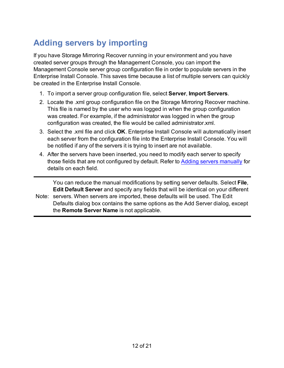 Adding servers by importing, Import servers | HP Storage Mirroring Software User Manual | Page 14 / 23