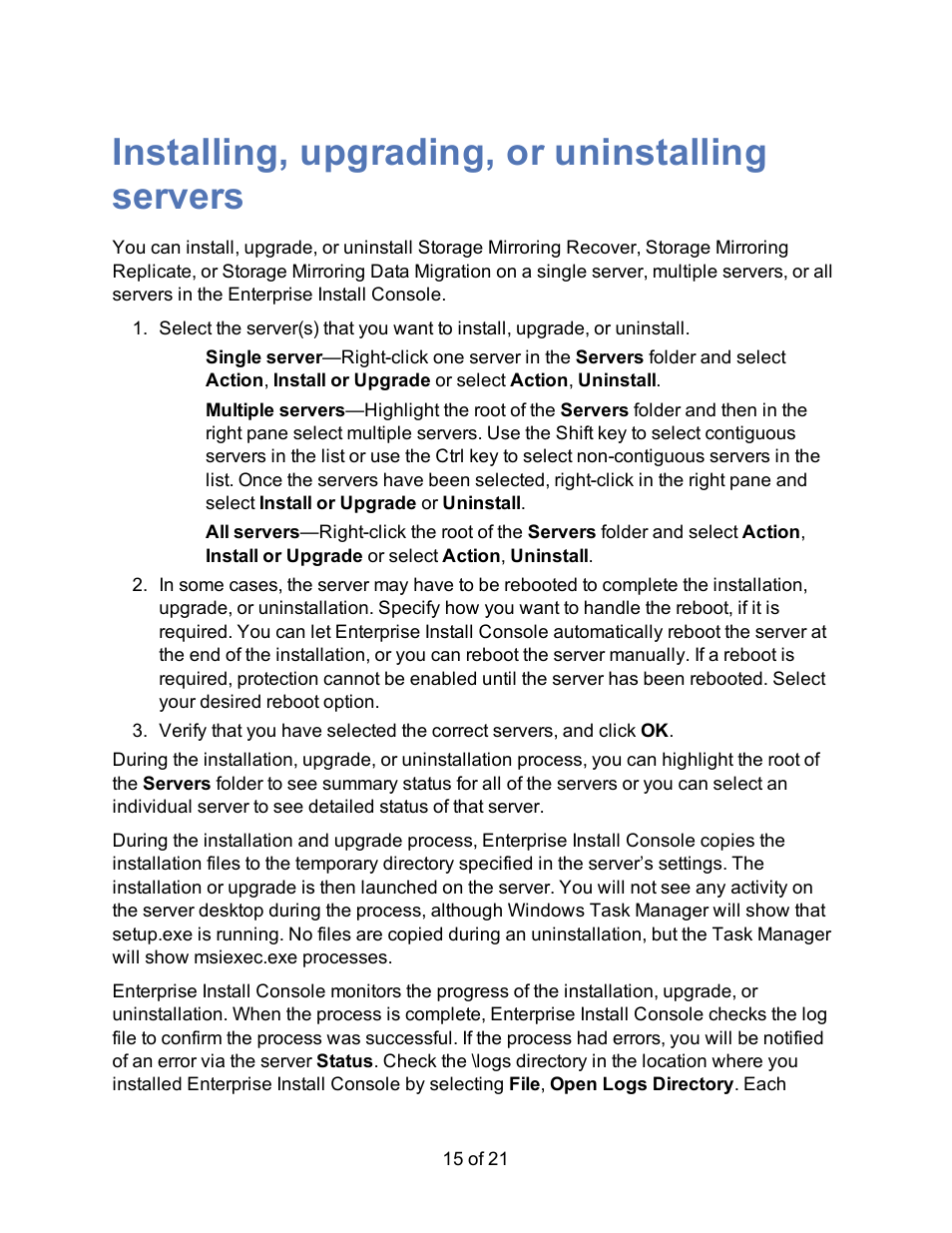 Installing, upgrading, or uninstalling servers | HP Storage Mirroring Software User Manual | Page 17 / 23