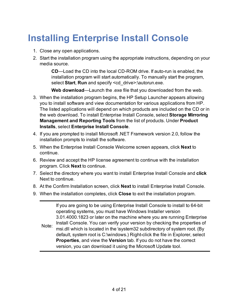 Installing enterprise install console | HP Storage Mirroring Software User Manual | Page 6 / 23