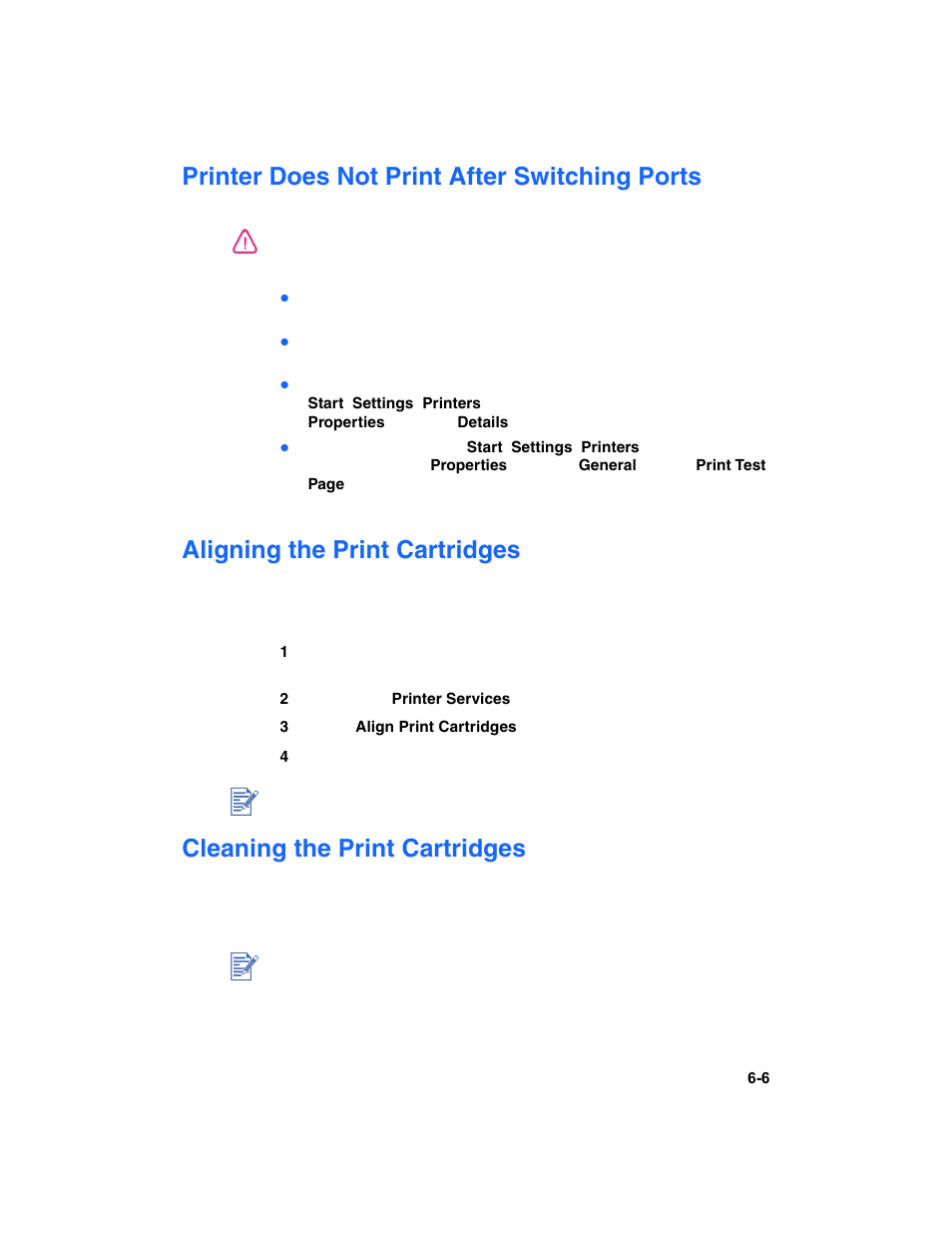 Printer does not print after switching ports, Aligning the print cartridges, Cleaning the print cartridges | HP Deskjet 1180c Printer User Manual | Page 28 / 46