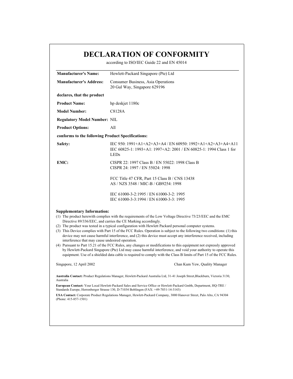 Declaration of conformity | HP Deskjet 1180c Printer User Manual | Page 46 / 46