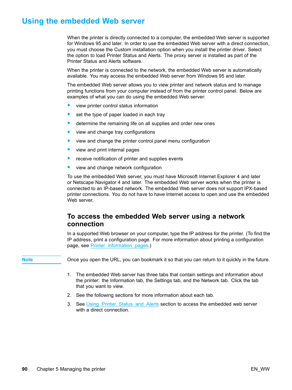 Using the embedded web server | HP Color LaserJet 5500 Printer series User Manual | Page 100 / 224