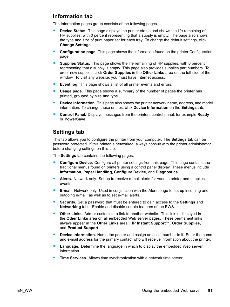 Information tab, Settings tab, 91 settings tab | HP Color LaserJet 5500 Printer series User Manual | Page 101 / 224