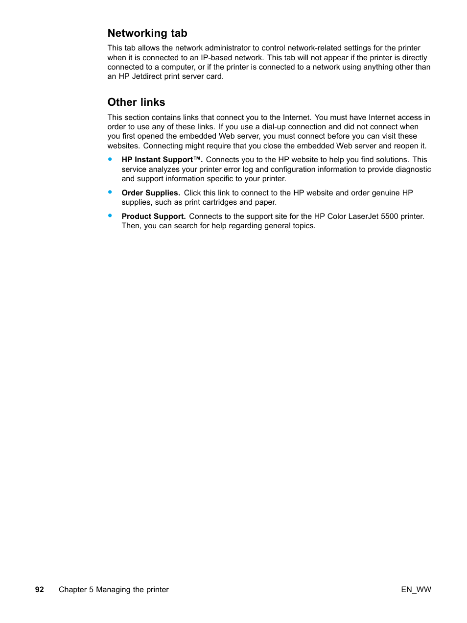 Networking tab, Other links, 92 other links | HP Color LaserJet 5500 Printer series User Manual | Page 102 / 224