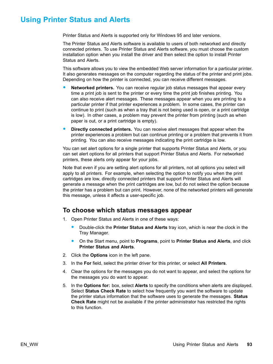 Using printer status and alerts, To choose which status messages appear | HP Color LaserJet 5500 Printer series User Manual | Page 103 / 224