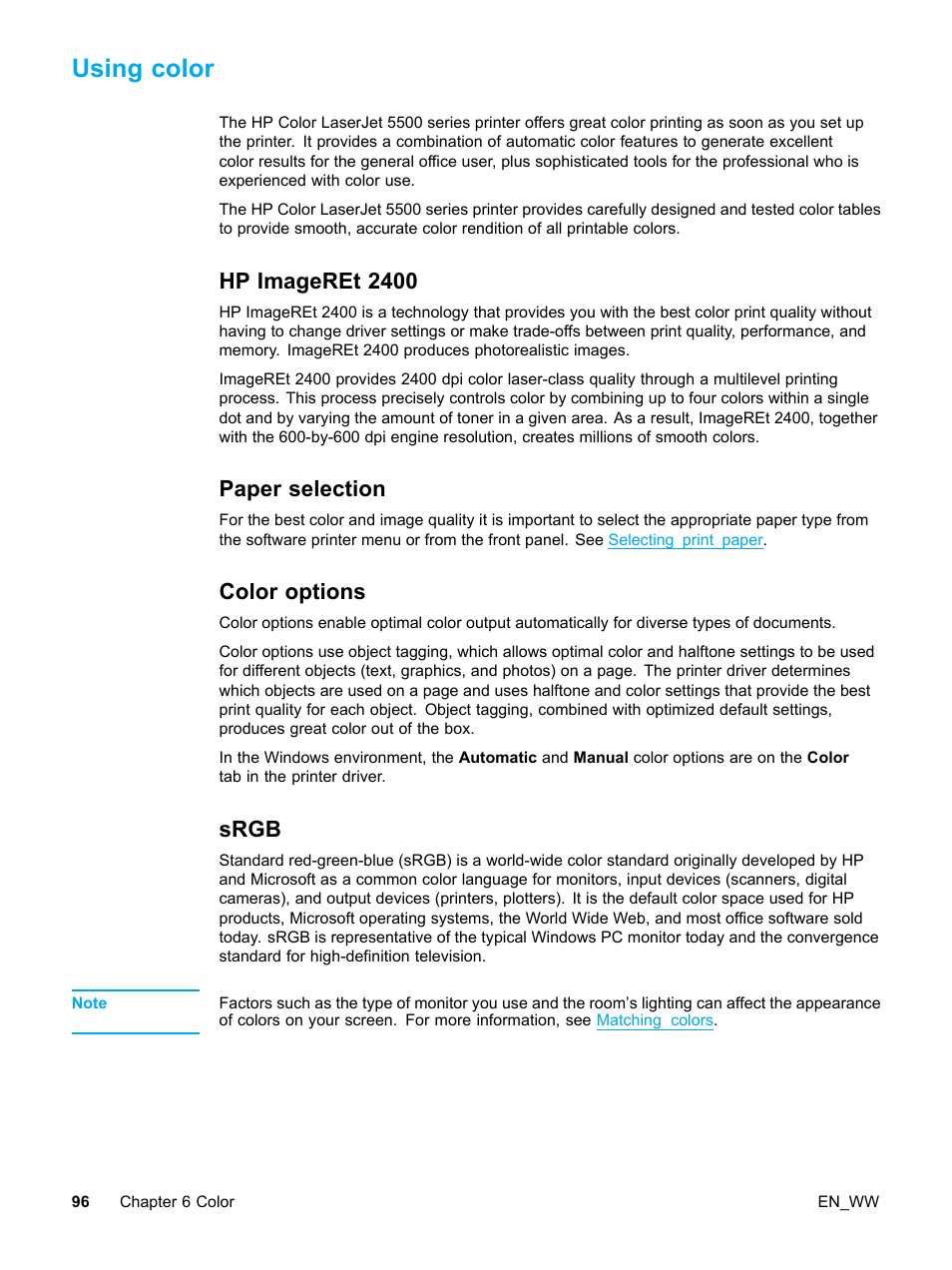 Using color, Hp imageret 2400, Paper selection | Color options, Srgb, 96 paper selection, 96 color options, 96 srgb | HP Color LaserJet 5500 Printer series User Manual | Page 106 / 224