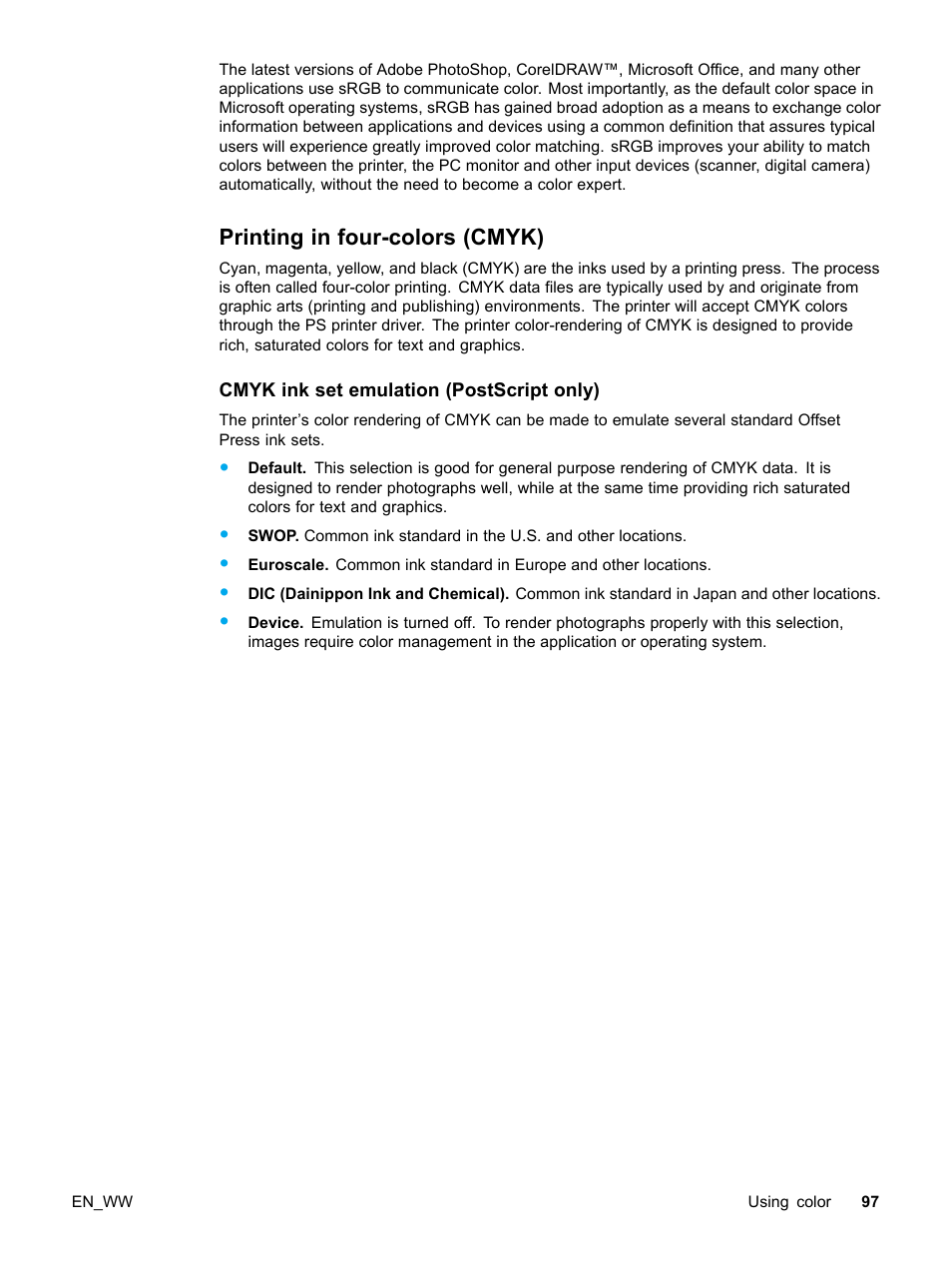 Printing in four-colors (cmyk), Cmyk ink set emulation (postscript only) | HP Color LaserJet 5500 Printer series User Manual | Page 107 / 224