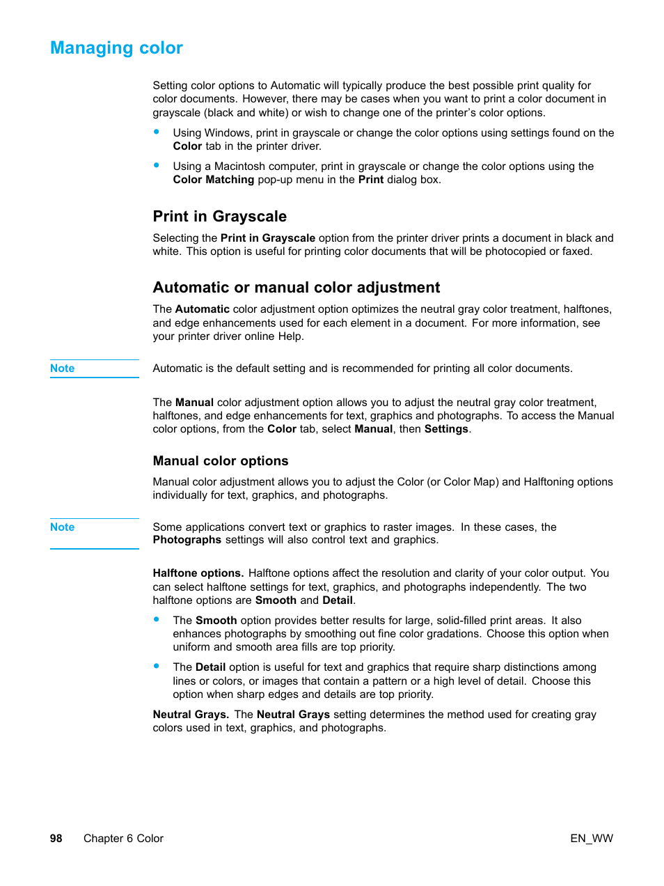 Managing color, Print in grayscale, Automatic or manual color adjustment | Manual color options, 98 automatic or manual color adjustment | HP Color LaserJet 5500 Printer series User Manual | Page 108 / 224