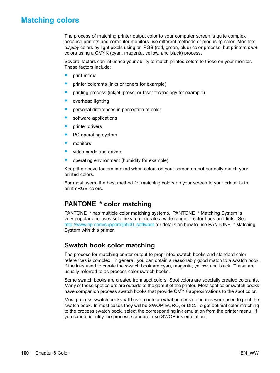 Matching colors, Pantone®* color matching, Swatch book color matching | Pantone, Color matching | HP Color LaserJet 5500 Printer series User Manual | Page 110 / 224