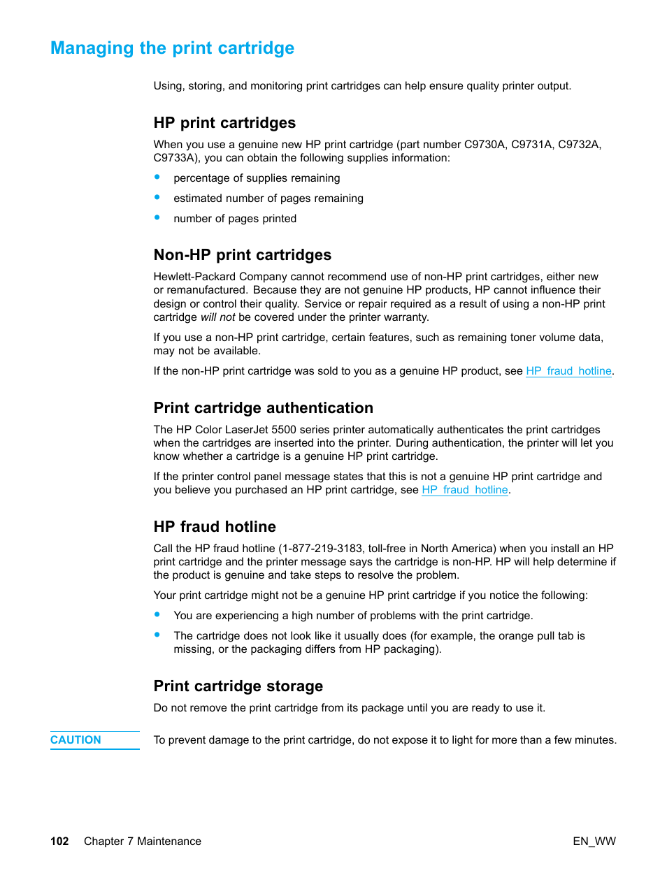 Managing the print cartridge, Hp print cartridges, Non-hp print cartridges | Print cartridge authentication, Hp fraud hotline, Print cartridge storage, 102 non-hp print cartridges, 102 print cartridge authentication, 102 hp fraud hotline, 102 print cartridge storage | HP Color LaserJet 5500 Printer series User Manual | Page 112 / 224